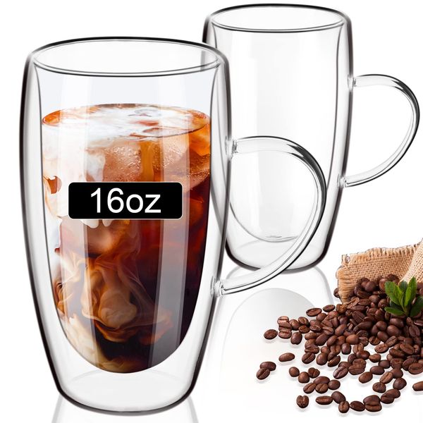 PARACITY Double Walled Glass Mugs 16oz, Latte Glasses Set of 2, Clear Borosilicate Glass Coffee Mugs 470ml, Coffee Glasses with Handle, Perfect for Cappuccino, Latte, Espresso, Hot Beverage, Tea