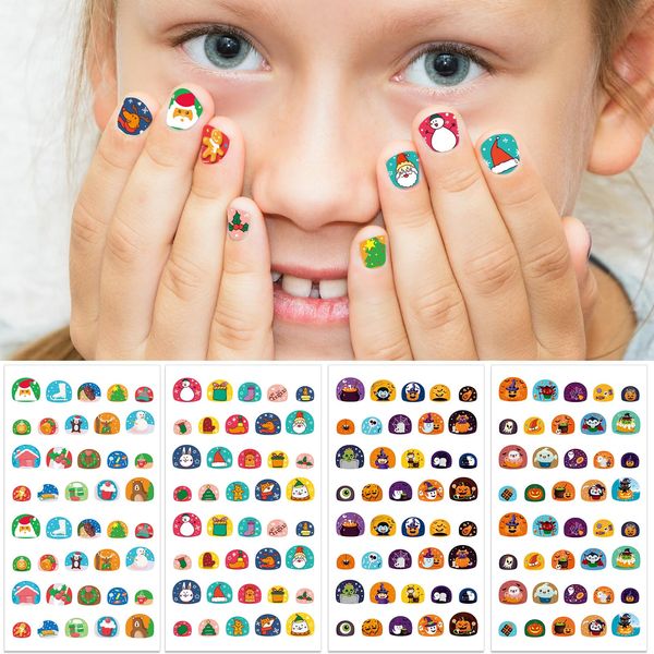 IDDFEVE Nail Stickers for Kids - Halloween&Christmas Cute 3D Self-Adhesive Designs, DIY Nail Art Decals for Little Girls, Toddler (4 Sheets)