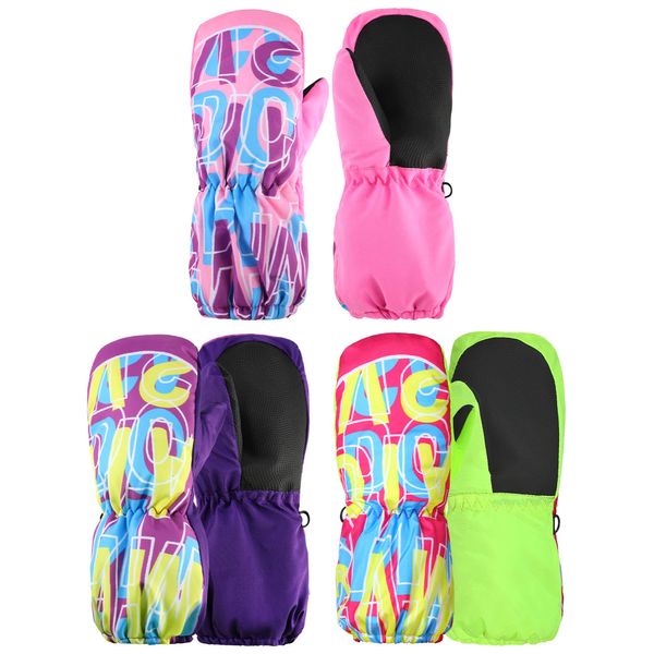 3 Pairs Kids Thicken Snow Mitten Winter Gloves Waterproof Warm Ski Mitten Toddler Boys Girls (Fluorescent Green, Pink, Purple,5-10 Years)