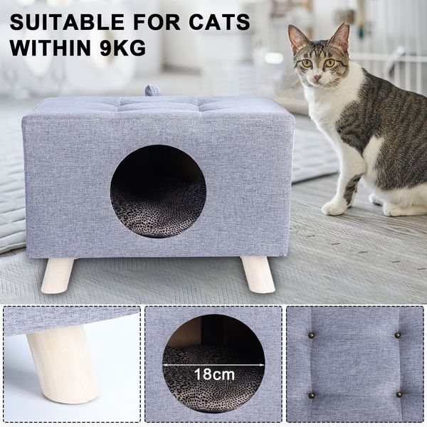 Wood Pet House Cat Cave with Mat, Pet House Foot Rest Stool with Cushion