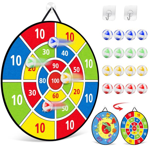 TOMYOU 26" Dart Board for Kids with 16 Sticky Balls, Double Sided Dinosaur Dart Board, Indoor Outdoor Party Games Toys, Birthday Toys Gift for Age 5 6 7 8 9 10 11 12 Year Old Boys Girls