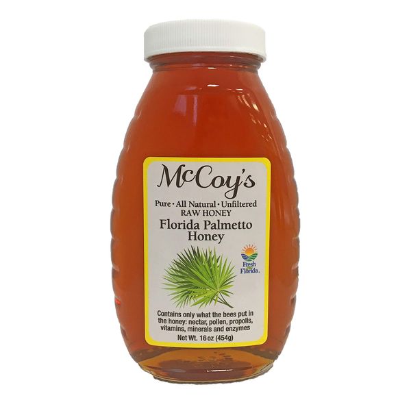 Raw Honey - Pure All Natural Unfiltered & Unpasteurized - McCoy's Honey Florida Palmetto Honey Jar 16oz