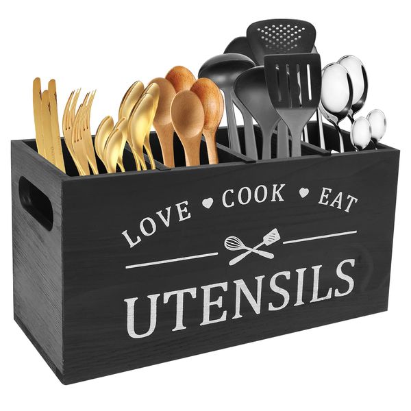 Kitchen Utensils Holder, Kitchen Cooking Utensil Organizer with 4 Compartment and Drainage Bottom, Farmhouse Utensil Organiser Cutlery Caddy , Wooden Cooking Tools Storage for Countertop (Black)