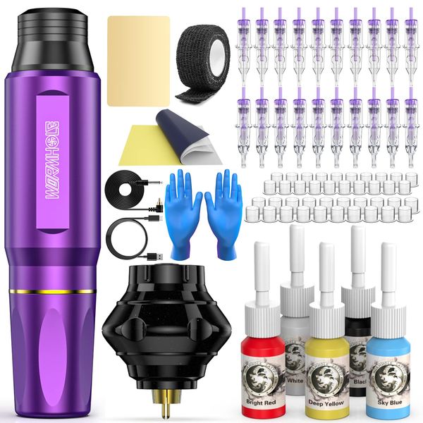 Wormhole Tattoo Kit Wireless Tattoo Machine Kit Tattoo Gun with 1,050 mAh Capacity Tattoo Power Supply Tattoo Pen Kit WTK176(Purple+Black)