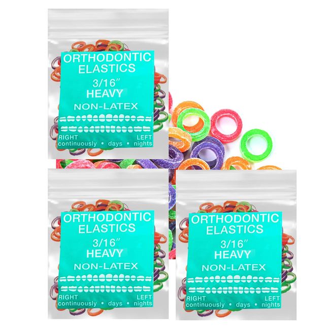 Neon non-Latex 3 Packs 300 counts Heavy 3/16inch, Intraoral Elastic Bands Orthodontic Elastics Dental Rubber Bands Made in US (Heavy [6.5oz], 3/16inch, 4.7mm)