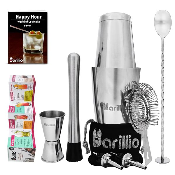 Boston Shaker Cocktail Shaker Set | Professional Bartender Kit with Weighted Martini Mixer, Hawthorne Strainer, Jigger, Mojito Muddler, Mixing Spoon & 2 Liquor Pourers……