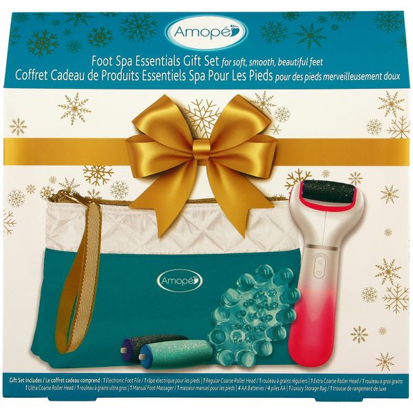 Amope Foot Spa Essentials Gift Set – Includes 1 Electronic Foot File, 1 Extra Coarse Roller Head Refill, 1 Ultra Coarse Roller Head Refill, 1 Manual Foot Massager