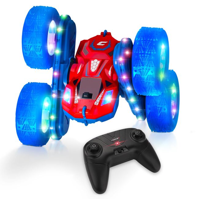 Force1 Cyclone LED Remote Control Car for Kids - Double Sided Fast RC Car with Bright LED Tires, Off-Road Crawler RC Stunt Car 360 Flips, Spins, Drifts; 2.4GHz Remote Control, 2 Rechargeable Batteries