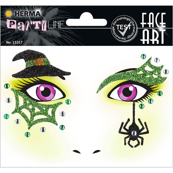 HERMA 15317 Face Art Sticker Hexe, dermatologisch getestet, ablösbare Glitzer Gesicht Aufkleber, temporäre Tattoos für Karneval Fasching Halloween Festival Kinder Geburtstag, grün