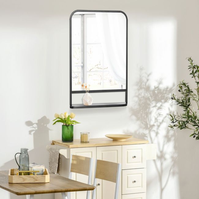34"x21" Wall Mirror with Shelf, Modern Rectangle Mirror for Living Room, Black