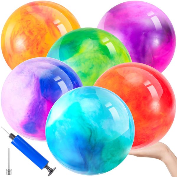 Cptoion 6 PCS Fun Bouncy Balls, 12 Inch Marbleized Bouncy Balls,Inflatable Rubber Playground Sensory Balls,Inflatable Kick Ball with Pump for Beach Playground Indoor and Outdoor Games