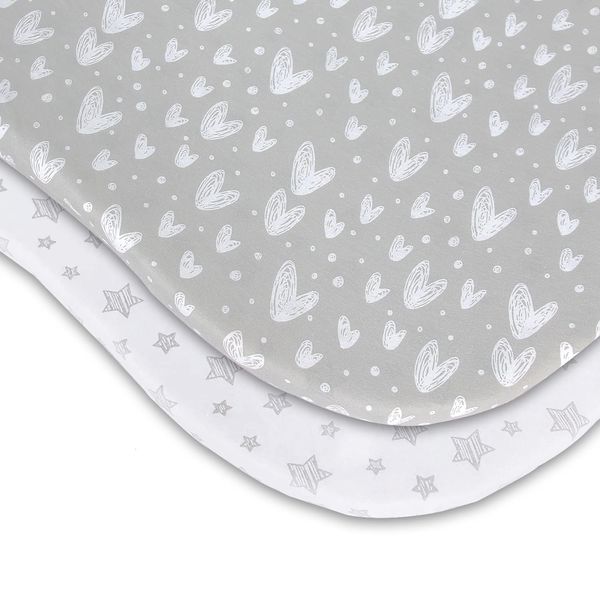 SPRINGSPIRIT Baby Pram Sheets/Moses Basket Fitted Sheets 2 Pack, 100% Cotton Pram Carry Cot/Moses Basket Mattress Cover, Fits for mattress approx 75-78x30-35cm, Stars & Hearts Print