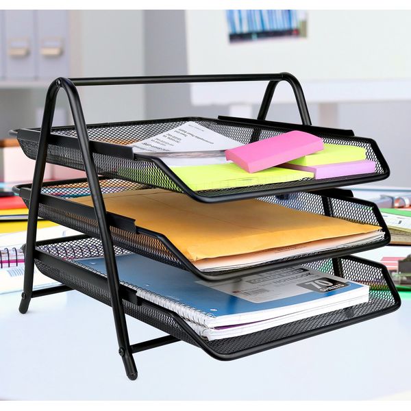 Greenco Letter Tray Desk Organizer, 3-Tier Mesh Paper Tray - Document, Letter, Office Paper Organizer for Desk - Paper Holder for Desk - Desk Tray -Desk Paper Organizer, Black