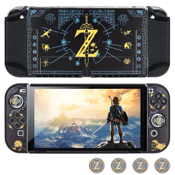 DLseego Protective Case for Switch OLED Accessories for Switch OLED Console with Dockable Hard Cover Shell and Thumb Grip Caps-Black