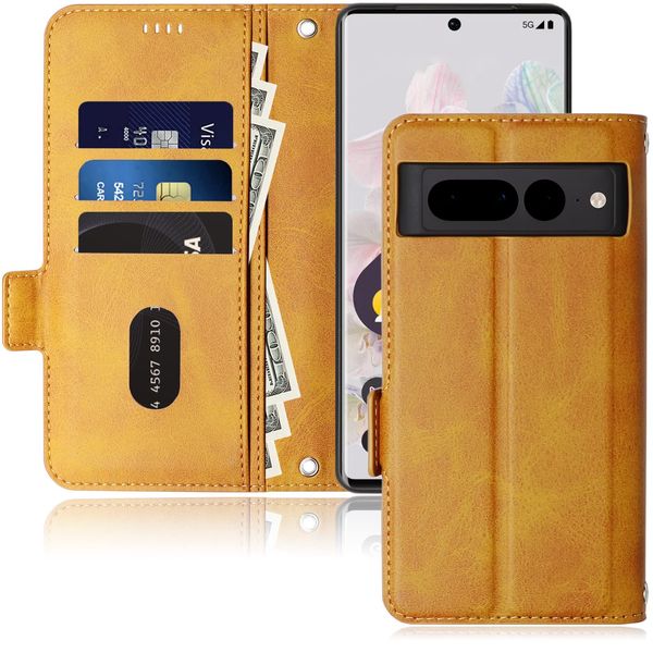 Google Pixel 7 Pro Case, Notebook, Thin, Card Bill Storage, Shockproof, Wallet Cover (Google Pixel 7 Pro, Yellow)