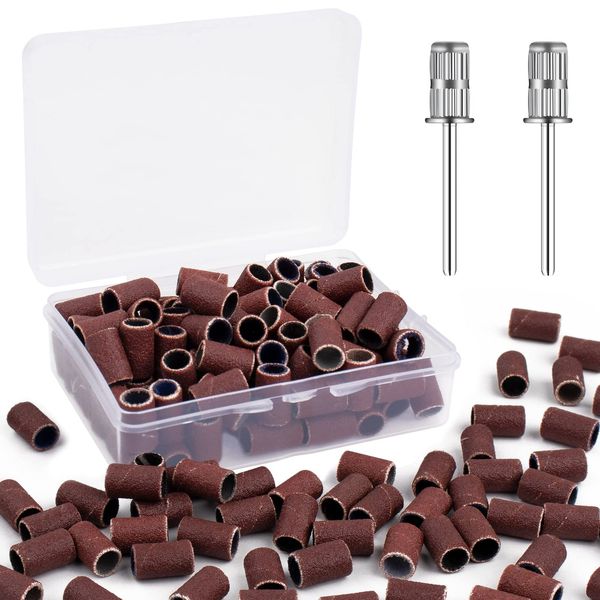 Rolybag Sanding Bands for Nail Drill,180 Grit Nail Sanding Bands with Storage Box,Include 100 Brown Fine Grinding Wheel Sand Bands and 2 Pieces Mandrel for Most Size 3/32" Nail Drill Machine