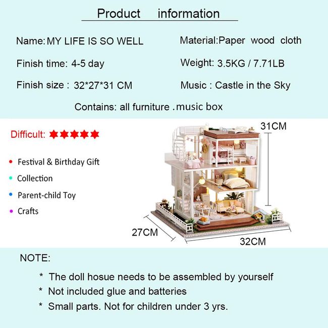 Spilay Dollhouse Miniature with Furniture,DIY Kit Mini Modern Villa Model  with Music Box,1:24 Scale Creative Doll House Best Christmas Birthday Gift