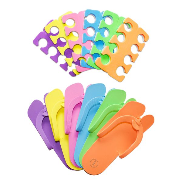 Artist Land 48 Pairs Spa Party Pack of Anti-Slip EVA Pedicure Slippers & Premium Toe separators Two Tone Soft & Durable - Bulk 6 Fun Colors Ideal for At Home Spa Party & Nail Salon