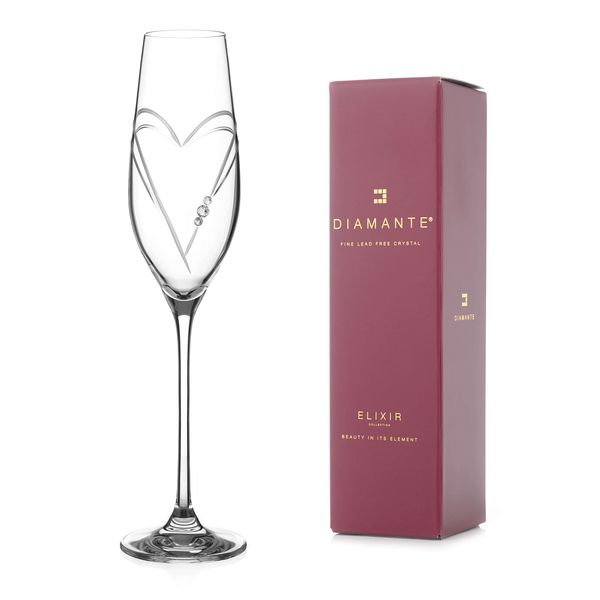 DIAMANTE Swarovski Champagne Flutes Prosecco Glass 'Hearts' Design with Swarovski Crystals - Single Glass in a Gift Box