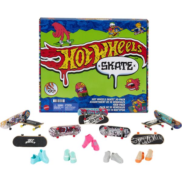 Hot Wheels Skate Fingerboards 10-Pack, Set of 10 Finger Skateboards with 5 Pairs of Removable Skate Shoes with Hot Wheels-Themed Graphics