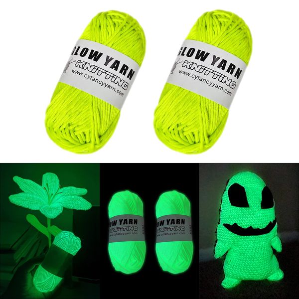 AUAUY Luminous Yarn, 2 PCS Polyester Yarn Glow in The Dark for Crocheting, 50 Yards Knitting Yarn DIY Handcraft Yards for Arts, Carpet Sweater Hat Scarf Gloves, Crafts & Sewing Beginners (Yellow)