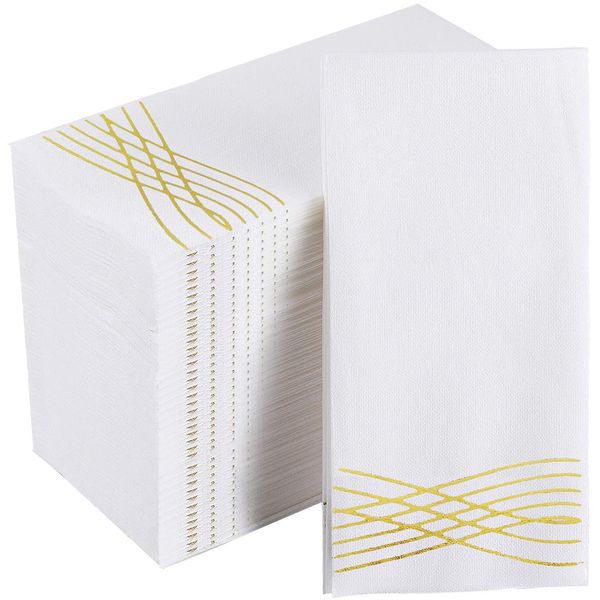 JINYUDOME Disposable Hand Towels, Linen Feel Party Napkins, Cloth Like White Paper Napkin, Big Size 11.8×15.7 inches, Soft and Absorbent, Pack of 100(Gold)