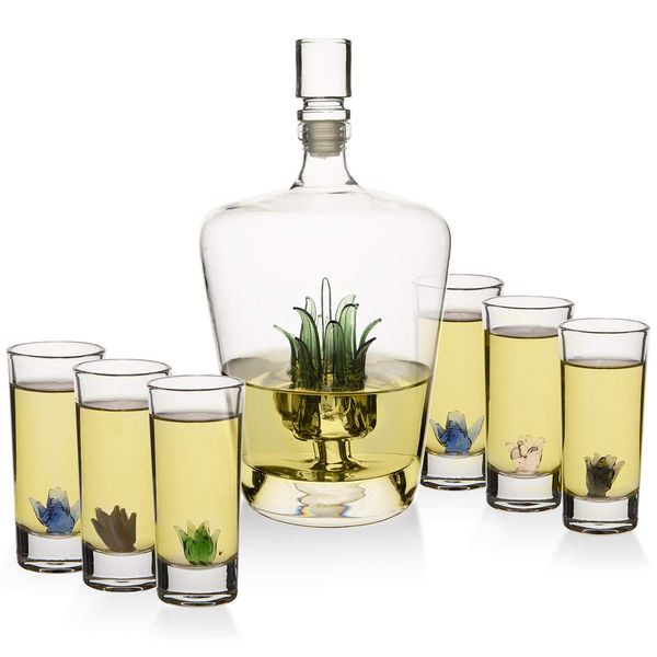 Tequila Decanter Tequila Glasses Set with Agave Decanter and 6 Agave Sipping Shot Glass, Perfect for Gifts for Tequila Lovers, 25 Ounce Bottle, 3 Ounce Tequila Party Decorations Cinco De Mayo (Agave)