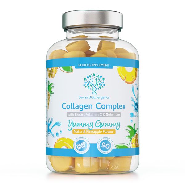 Collagen Complex - 90 Natural Pineapple Flavour Chewable Yummy Gummies - One a Day 500mg Hydrolysed Collagen, Biotin, Vitamin C and Selenium – Healthy Skin and Hair for Men and Women – UK Made