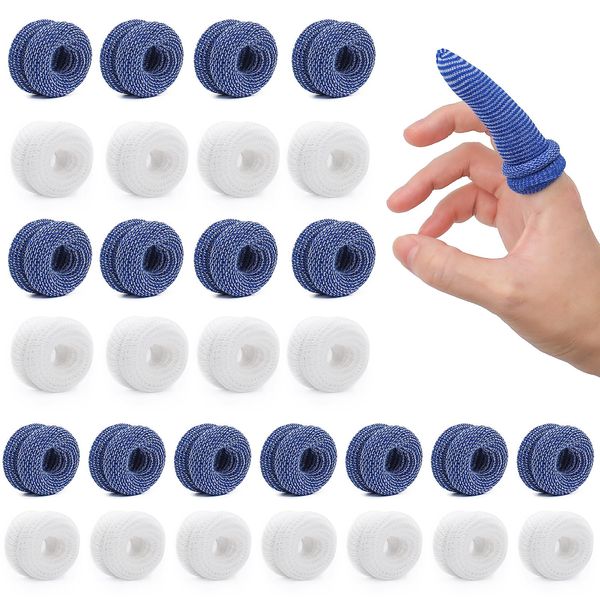 FINEASY 30 Pcs Finger Bandages, Finger Protectors Finger Stall Finger Bandages Tubular Finger Cots Thumb Bandage for Handling Gardening Work Kitchen Sports and Fitness Finger Protection (White + Blue)