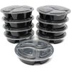 Meal Prep 48 oz Three Compartment Food Containers with Lids 10 Pack Black Round