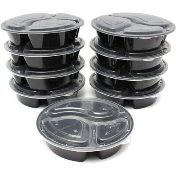 Meal Prep 48 oz Three Compartment Food Containers with Lids 10 Pack Black Round