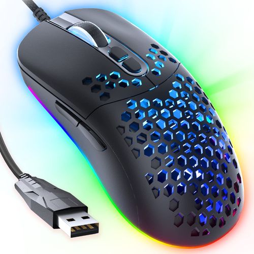 CYD C306 Wired Optical Mouse - Lightweight Honeycomb Design, RGB Backlit Gaming Mouse, 12800 DPI High-Precision Gaming Sensor, Compatible with PC/Mac/Windows - Black
