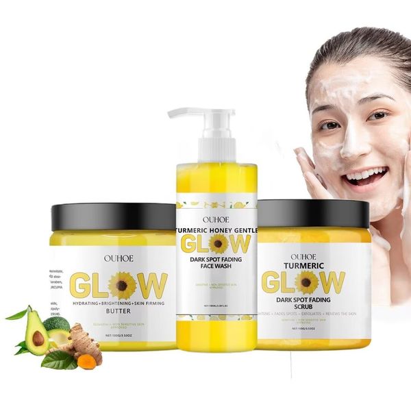 Turmeric Glow Combo Skincare Set Face Wash Scrub Butter Anti Aging Moisturizer for Wrinkles, Soothing Hydrating Turmeric Skincare Set for Face & Body