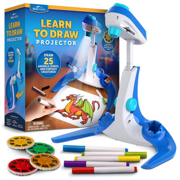 Blue Marble Learn to Draw Projector - Kids Image Projector for Tracing with 9 Colorful Markers & 4 Image Discs with 25 Animals, Dinos & Creatures to Draw, Patent-Pending Drawing Projector for Kids