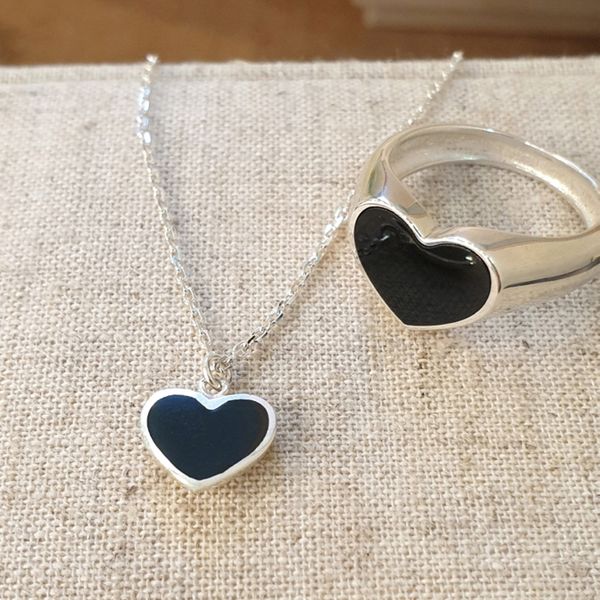 Onyx Heart Necklace, Ring (Silver 925 Simple Daily Jewelry Set Kitsch Black Casual Volume Style)