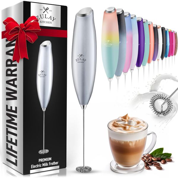 Zulay Powerful Milk Frother for Coffee with Upgraded Titanium Motor - Handheld Frother Electric Whisk, Milk Foamer, Mini Mixer & Coffee Blender Frother for Frappe, Latte, Matcha, No Stand - Silver