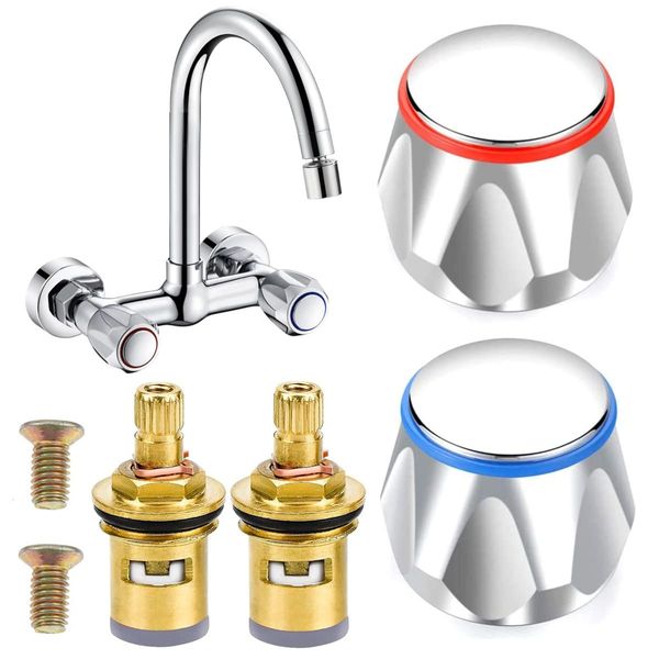 2 Sets Replacement Bathroom Kitchen Sink Tap Standard Hot & Cold Tap 1/2'' Top Head Covers Chrome Plated Red and Blue Tap Top for Leaking Aging Taps