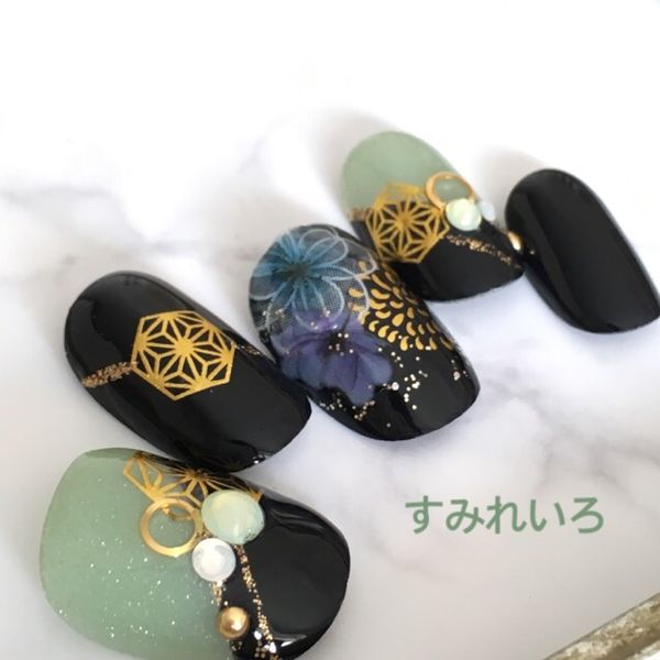 Nail tip false nails cute design Japanese style short long simple coming of age nail present mother short nails small nails big nails berry short chibi nails wedding wedding false nails gel nails ●Green black flower Japanese style 2