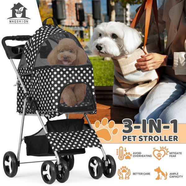 Foldable Pet Stroller Adjustable Cat Cage Detachable Basket+Cup Holder，4 Wheels