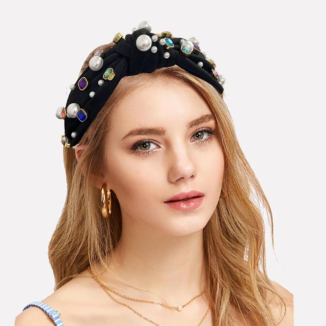 SZJULR Crystal Knotted Women Headband Pearl Luxury Colorful Hairband Wide Rhinestone Crystal Beaded Fashion Top Knot Headbands Ladies Hair Accessories for Girls