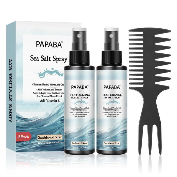 PAPABA Sea Salt Spray for Men - Texturizing for Hair, Hair Spray with Quinoa Protein, VE Adds Instant Volume, Texture, Thickness & Light (Sandalwood Scent)