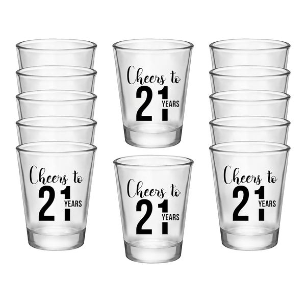 Cheers to 21 Years, 21st Birthday Party Shot Glass - Set of 12, 1.75oz Black and Clear 21st Birthday Shot Glasses, Perfect for Birthday Parties, Birthday Decorations