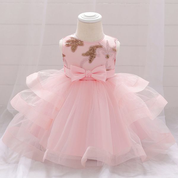 Baby Girl Sequins Patched Design Sleeveless Tutu Style Baptism Birthday Dress - 73 (6-9M) / Light Pink