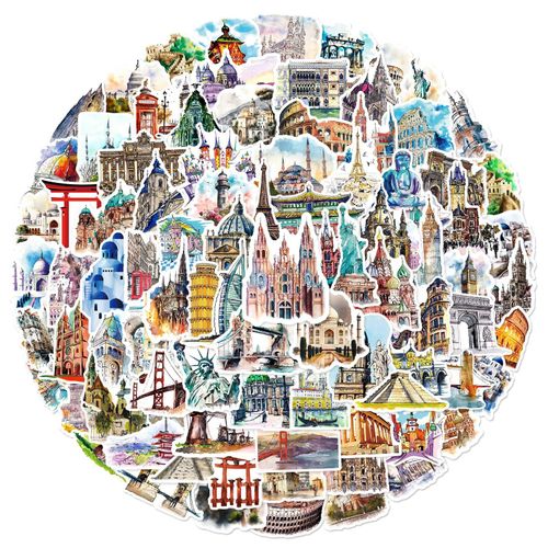 100 Pieces Landmark Building Stickers for Laptop, Bumper, Skateboard, Water Bottles, Computer, Phone, Guitar, Cartoon Stickers for Kids, Teens and Adults (B)