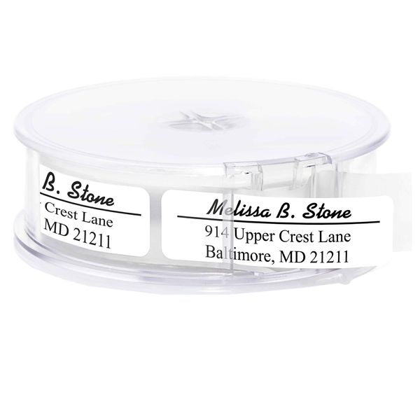 Modern Classic Rolled Return Address Labels with Elegant Plastic Dispenser - White