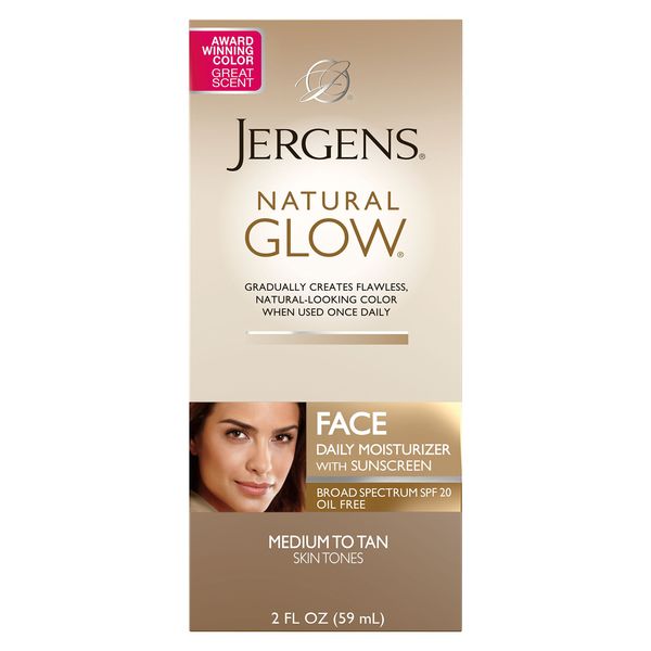 Jergens Natural Glow Self Tanner Face Moisturizer, SPF 20 Facial Sunscreen, Medium to Deep Skin Tone, Sunless Tanning, Oil Free, Broad Spectrum Protection UVA and UVB, 2 oz (Packaging May Vary)