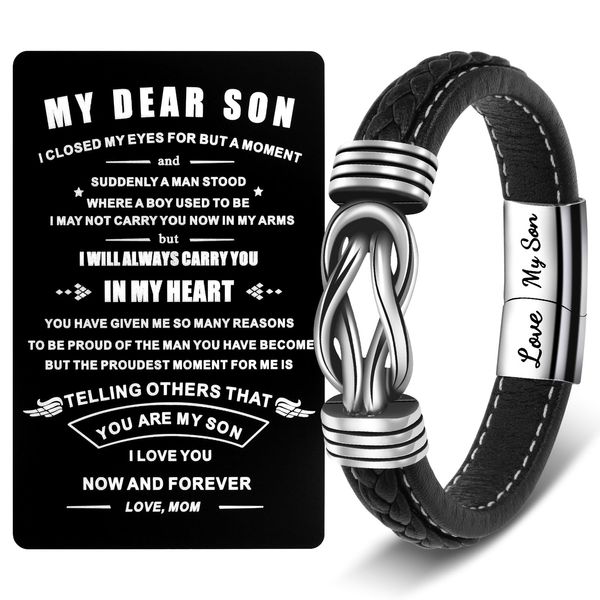 CheersLife To My Son Bracelet, Mum's Infinite Braided Leather Bracelet for Son Gifts