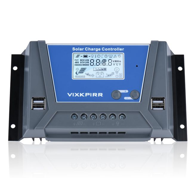 VIXKPIRR 30A Solar Charge Controller 12V 24V 36V 48V Auto, PWM 30A Solar Controller with Temperature Sensor LCD Backlit Display 4 USB Ports, Fit for 12V 24V 36V 48V Lead-Acid and Lithium Batteries