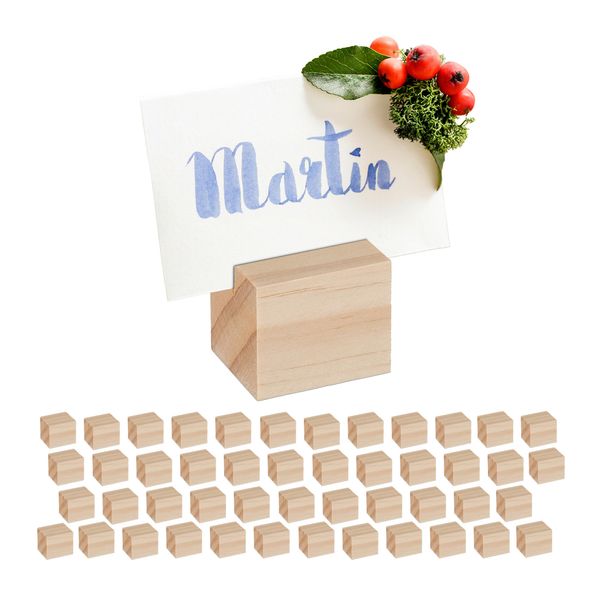 Relaxdays Tischkartenhalter Holz, 48er Set, Kartenhalter Tischkarten, Menükarten, Postkarten, Fotos, Aufsteller, Natur