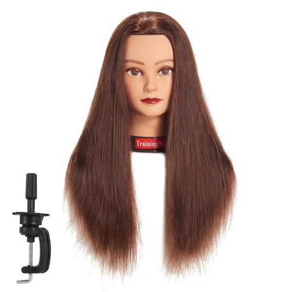 Traininghead 24"-26" 100% Human Hair Mannequin Head Training Practice Head Cosmetology Manikin Head Doll Head With Free Clamp (dark brown)